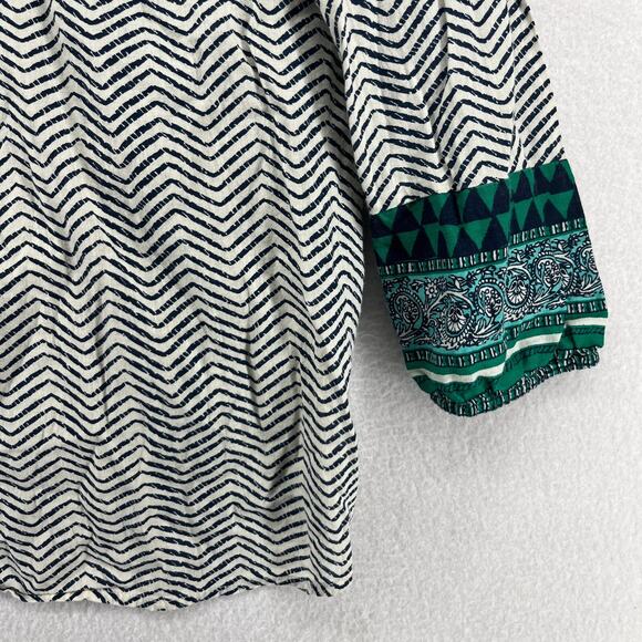 LUCKY BRAND Blouse M Paisley Chevron Peasant Boho 3/4 Sleeve Notch Cotton Green - Picture 8 of 15